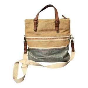 Fossil Explorer Woven Straw Triple Zip Hipster Crossbody Handbag.